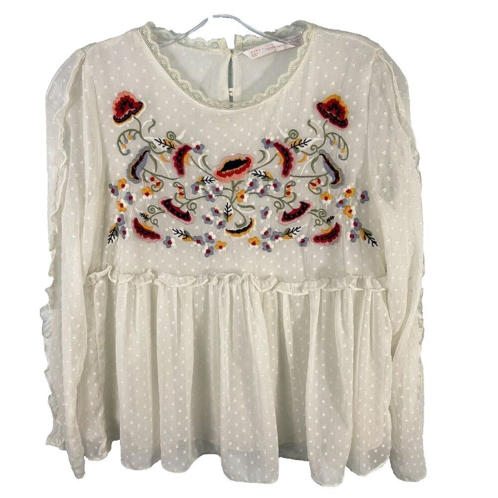 Zara Swissā Dot Floral Embroidered Boho Babydoll Peplum Top Size Small White